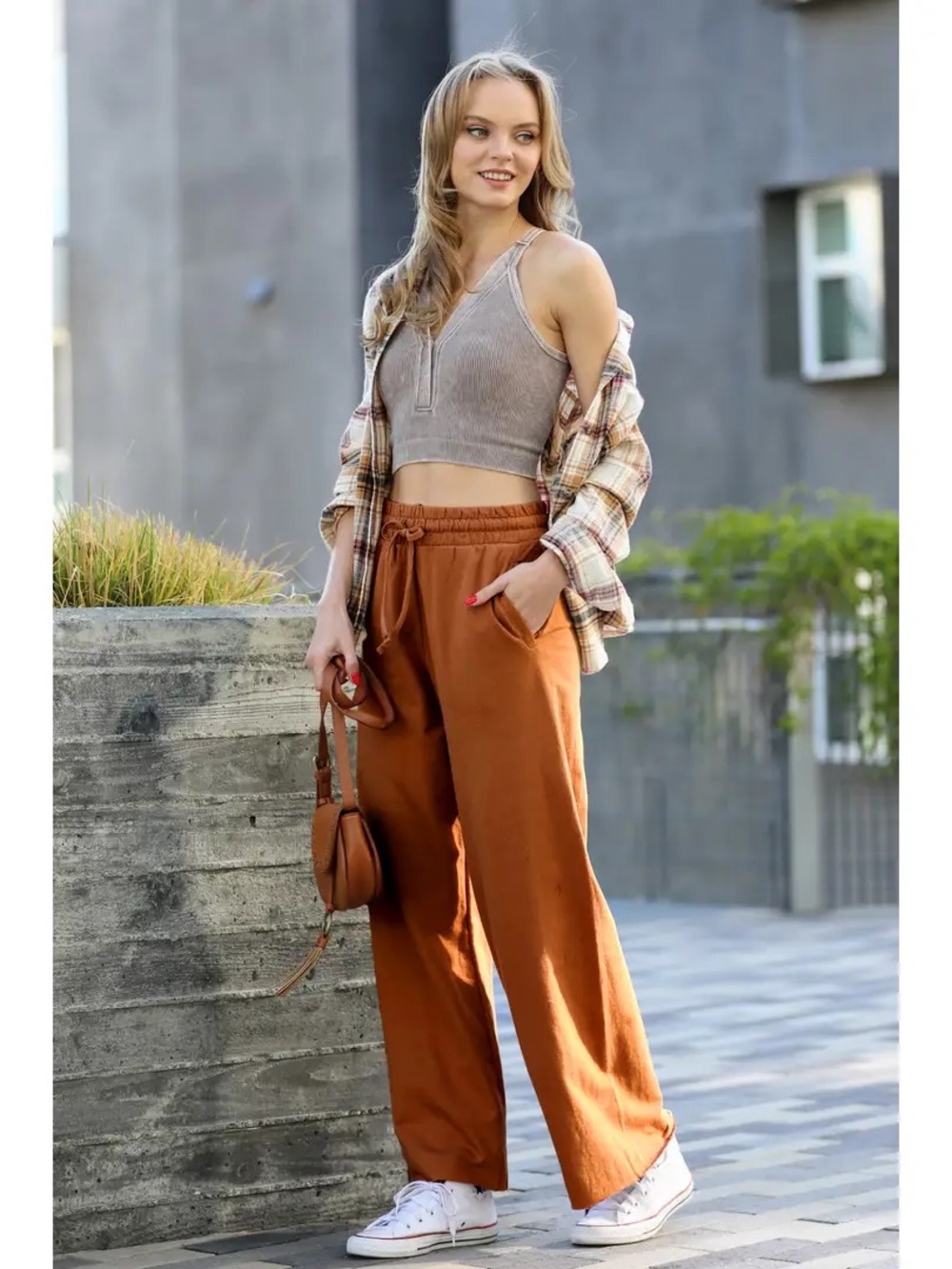 Zenana Outfitters Wide-Leg Drawstring Pants in Rust